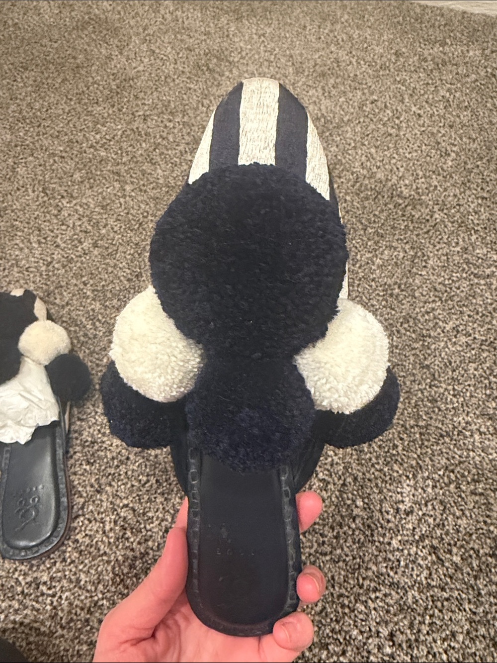 Pom-Pom Slide Mules in Navy and Cream - Picture 3 of 4